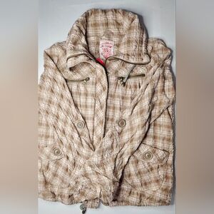 Girls Bershka BSK Outerwear Plaid Zip Up Jacket W Big Buttons.